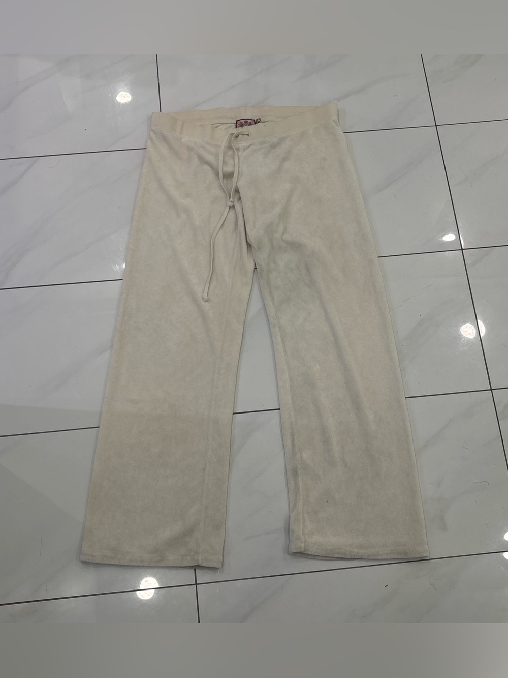 Juicy Couture Cream Drawstring Plush Pants with Pink Logo Patch